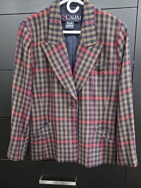 Vintage ESCADA Margarit Plaid Wool-Blend Jacket Blazer in Ley Olive Black Red 42